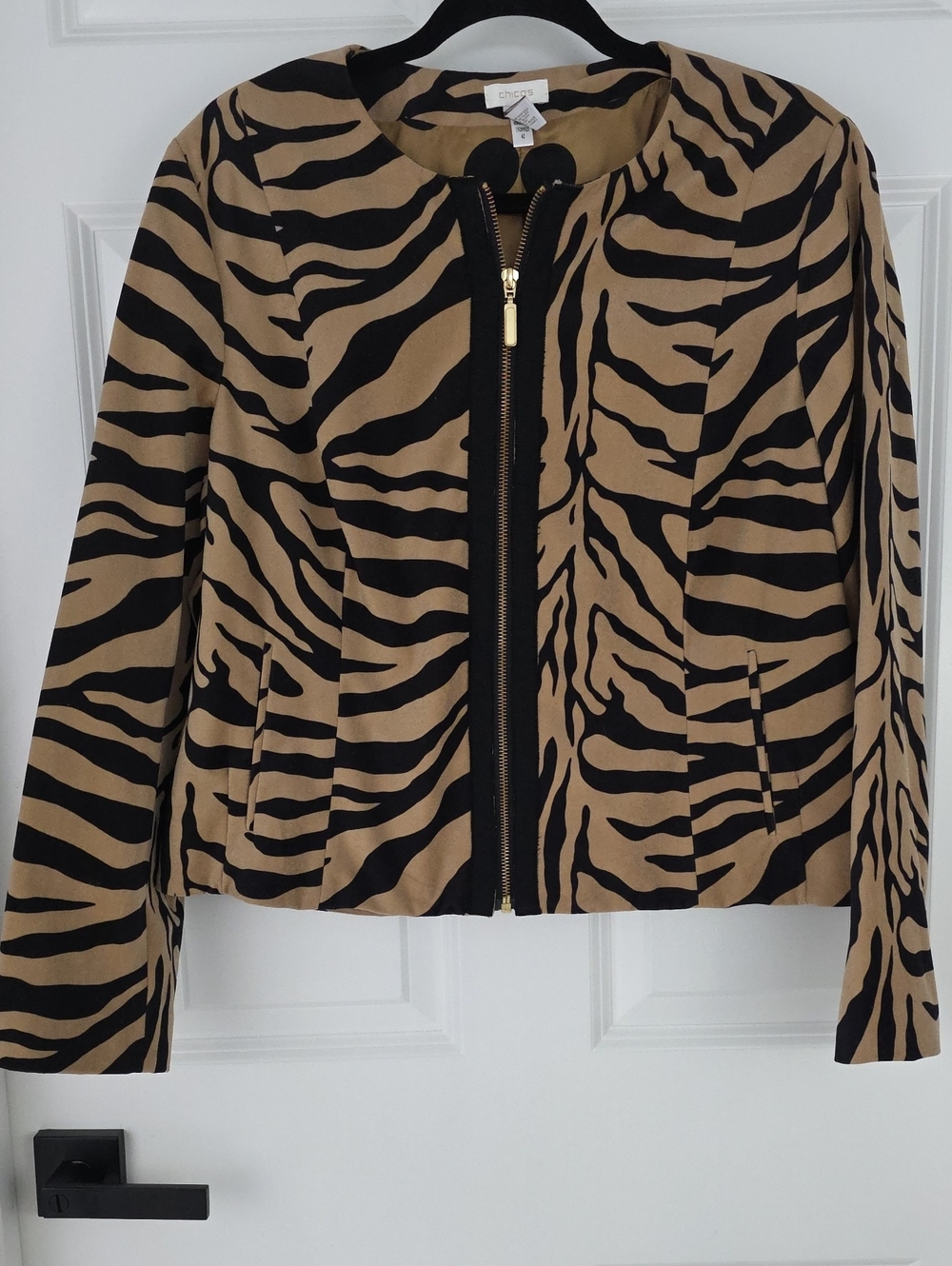 Chicos Brown And Black Velvety Zebra Print Zip Jacket Office Work Layering Sz 2